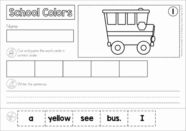 Sentence Scramble with Cut and Paste Worksheets: School Colors free worksheet using school bus vocabulary for cut and paste sentence building practice