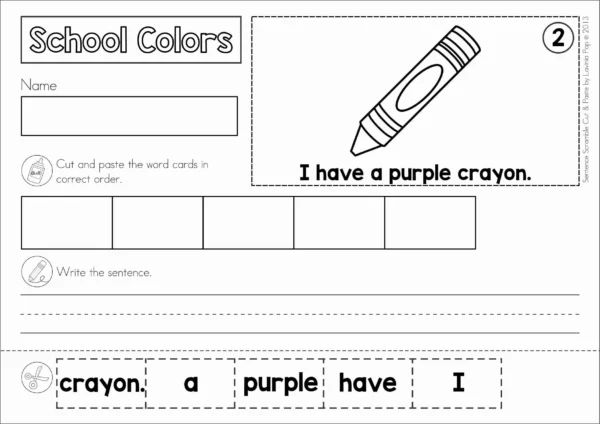 Sentence Scramble with Cut and Paste Worksheets: School Colors free worksheet where students cut, paste, and write the sentence I have a purple crayon
