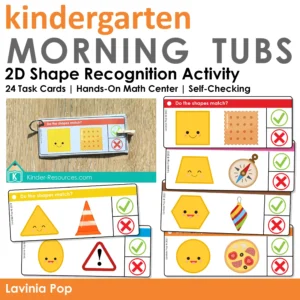 2D shape recognition task cards for kindergarten with square, circle, triangle, and rectangle shapes to clip answers