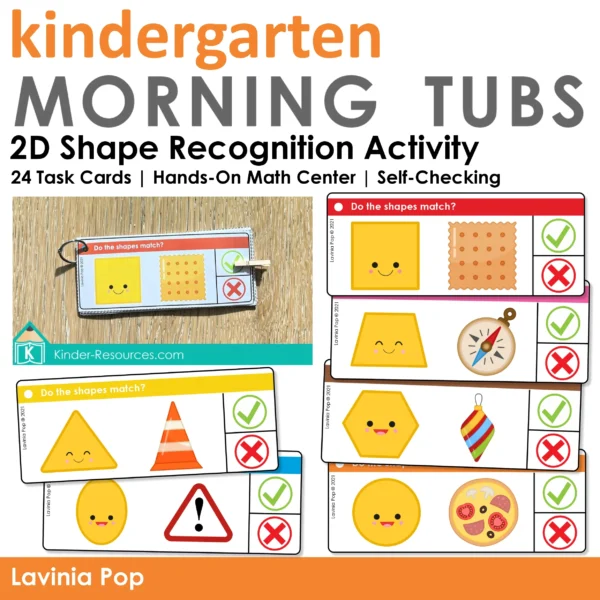 2D shape recognition task cards for kindergarten with square, circle, triangle, and rectangle shapes to clip answers