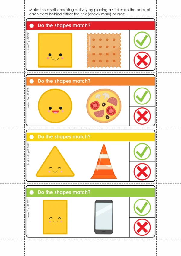 Printable 2D shape recognition clip cards with circle and pizza, triangle and traffic cone, rectangle and phone