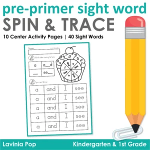 Pre-Primer Sight Word Spin and Trace printable pack with cupcake spinner worksheet featuring sight words a, and, I, see for Preschool and Kindergarten