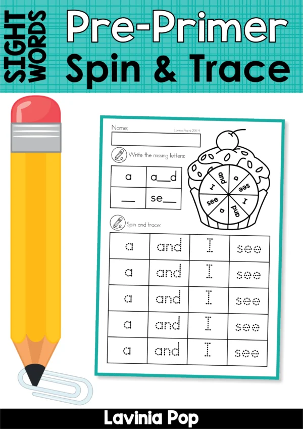 Pre-Primer Sight Word Spin and Trace cover showing cupcake spinner worksheet with sight words a, and, I, see for Kindergarten and 1st Grade