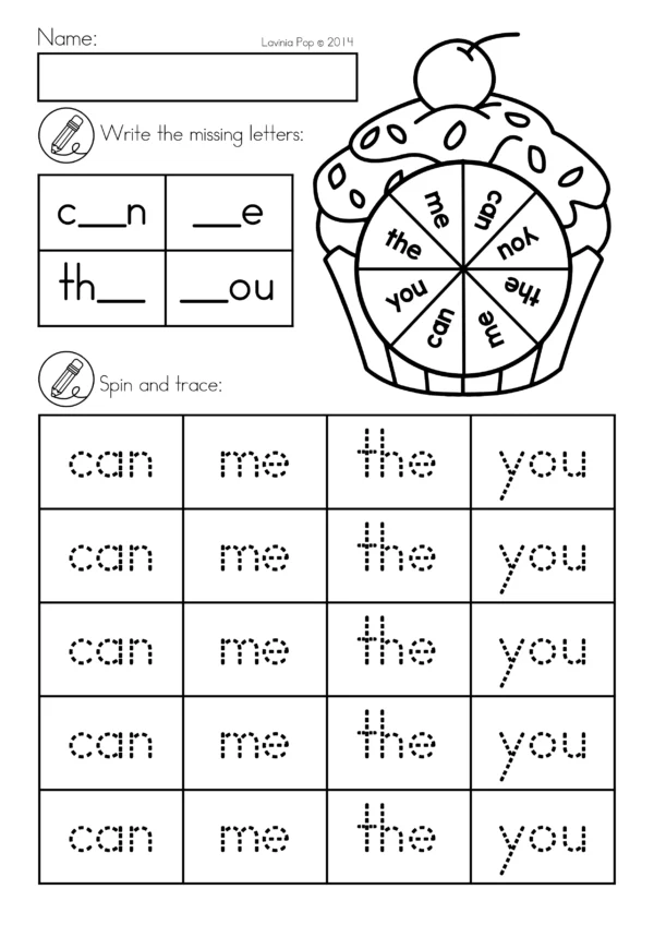Pre-Primer Sight Word Spin and Trace worksheet with cupcake spinner and tracing boxes for the words can, me, the, and you
