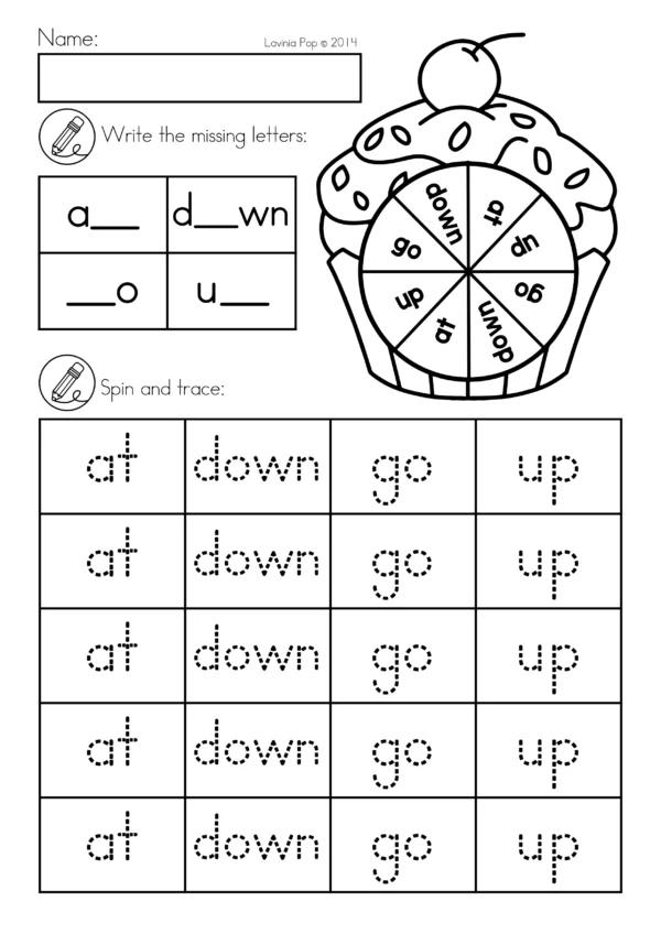 Pre-Primer Sight Word Spin and Trace worksheet with cupcake spinner and word tracing activity for at, down, go, and up