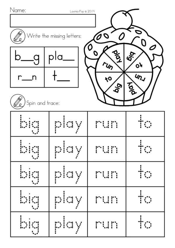 Pre-Primer Sight Word Spin and Trace worksheet with cupcake spinner and tracing grid for the words big, play, run, and to