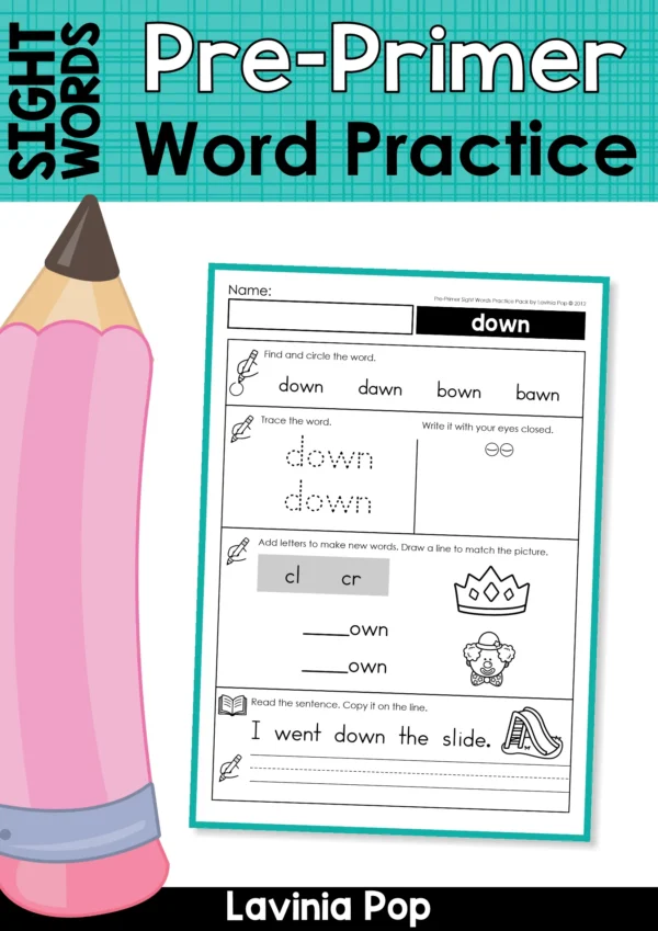 Pre-primer sight word practice worksheets cover showing sight word "down" page with tracing, building, and reading activities.