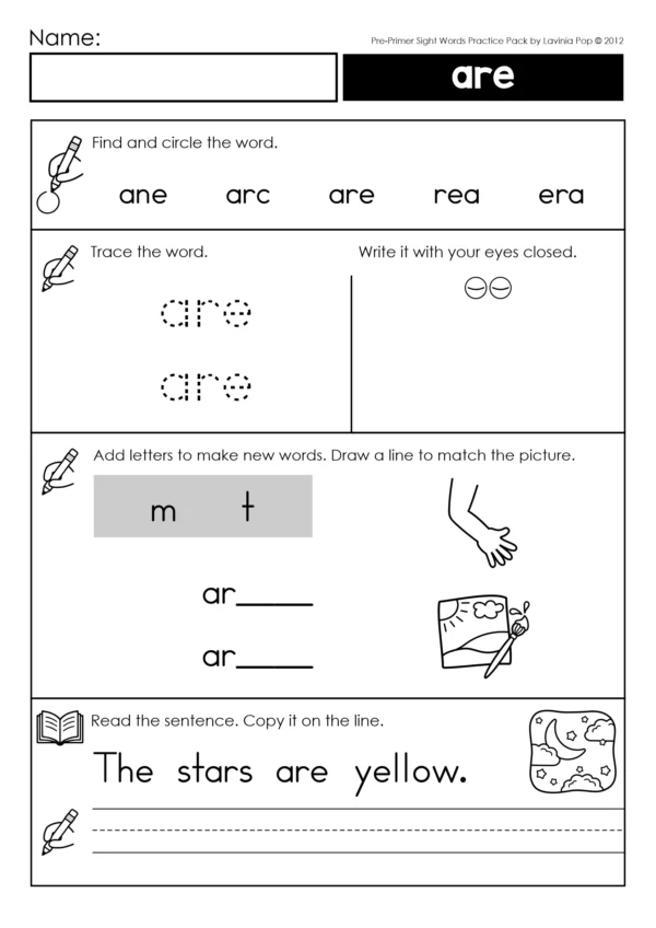 Pre-primer sight word practice worksheet for the sight word "are" with circle, trace, build, and sentence writing activities.