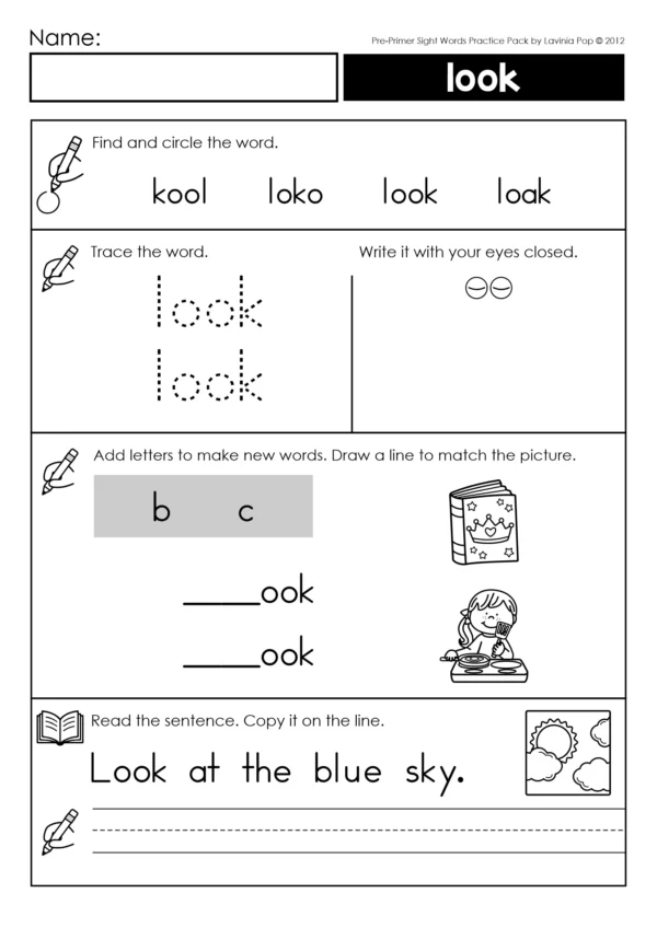 Pre-primer sight word practice worksheet for the sight word "look" including find, trace, build, and sentence copy tasks.