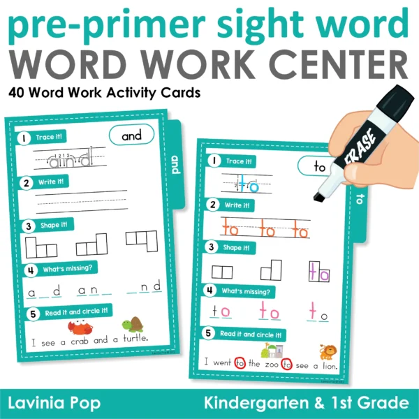 Pre-Primer Sight Word Work Center resource cover with two sample activity cards for sight word tracing, writing, and reading.