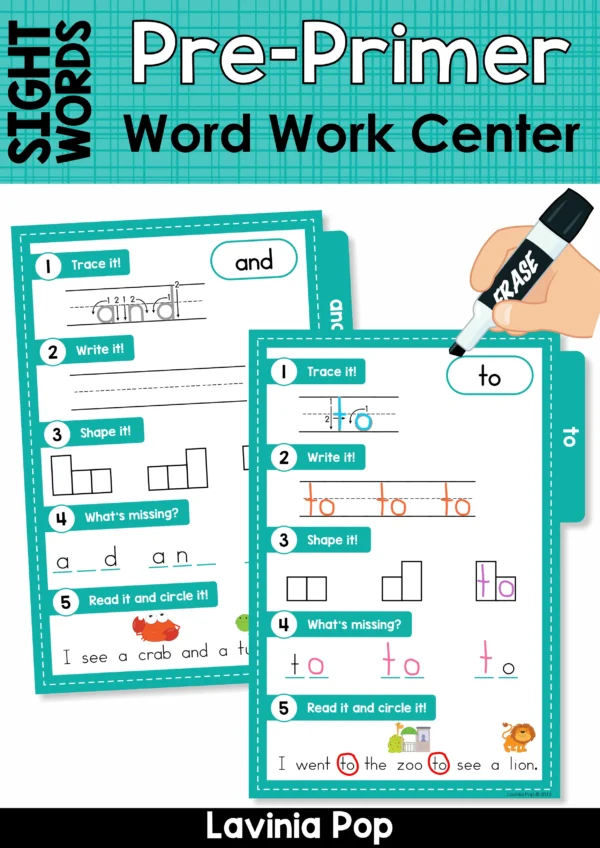 Pre-Primer Sight Word Work Center cover showing 40 reusable activity cards for kindergarten and first grade literacy practice.