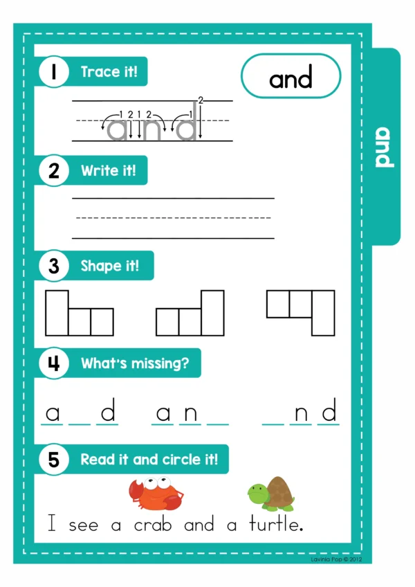 Printable Pre-Primer Sight Word activity page for the word “and” with handwriting, shape boxes, missing letters, and sentence reading.