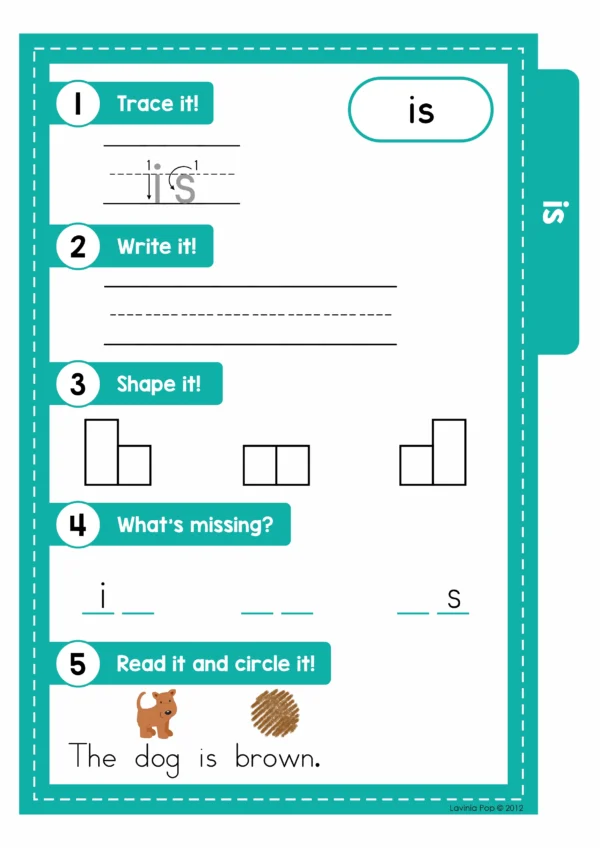 Pre-Primer Sight Word activity page for the word “is” including trace, write, shape, missing letters, and simple sentence reading practice.