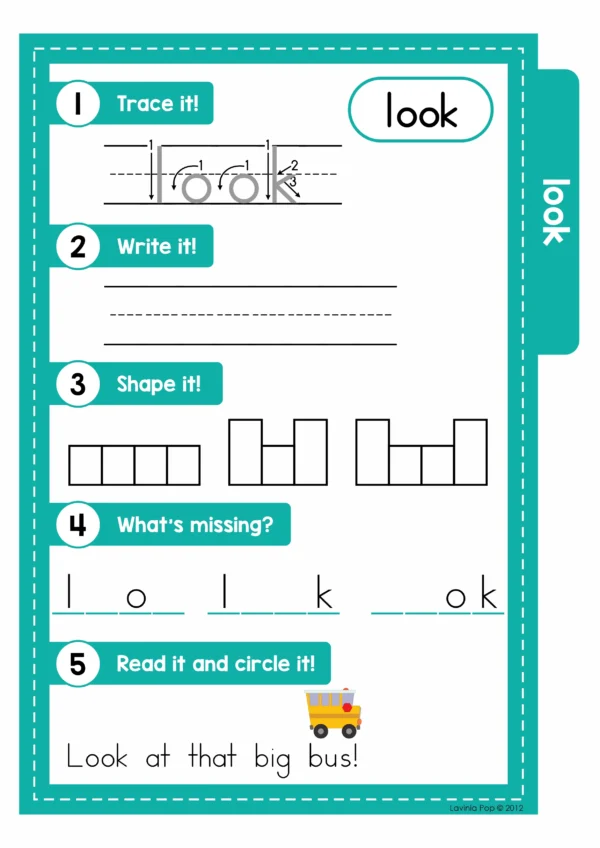 Printable Pre-Primer Sight Word activity page for the word “look” with trace, write, shape, missing letters, and sentence practice.