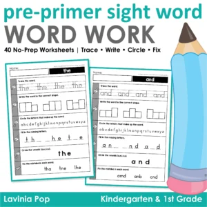 Sample pages from Pre-Primer Sight Word Worksheets featuring activities for the words “the” and “and” including tracing, word shapes, missing letters, vowels, and fix the mistake tasks.
