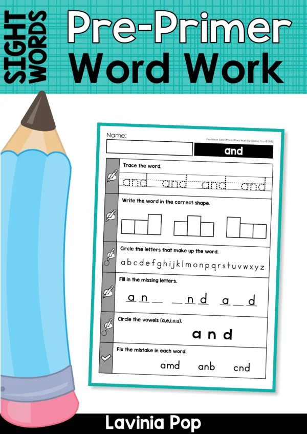 Cover for Pre-Primer Sight Word Worksheets Word Work pack with tracing, writing, circling, and fixing activities for Kindergarten and Grade 1.