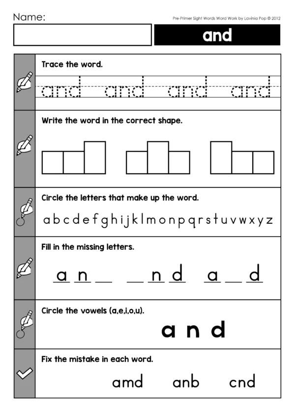 Worksheet from Pre-Primer Sight Word Worksheets for the word “and” with six activities to practice recognition, spelling, and handwriting.
