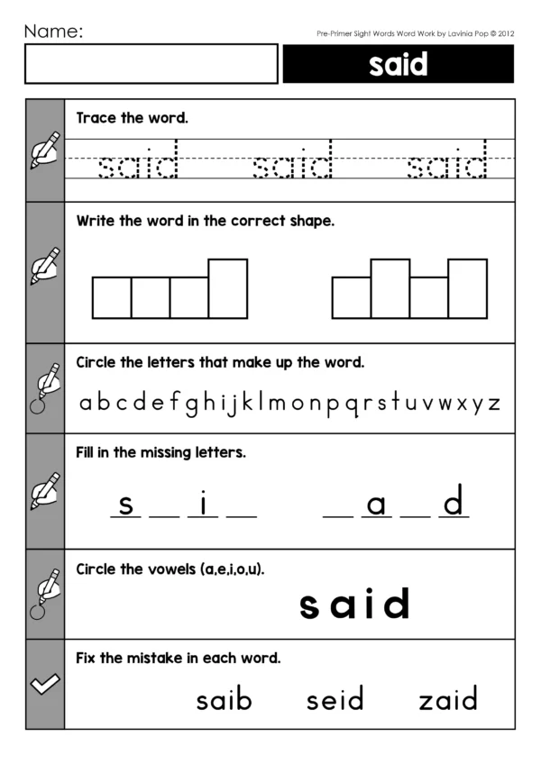 Worksheet from Pre-Primer Sight Word Worksheets for the word “said” including tracing, word boxes, circling letters, filling in missing letters, vowel activity, and correcting misspelled words.