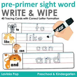 Collection of pre-primer sight word tracing mats including to, like, is, for, can, and with animal illustrations