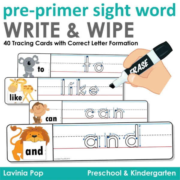 Collection of pre-primer sight word tracing mats including to, like, is, for, can, and with animal illustrations