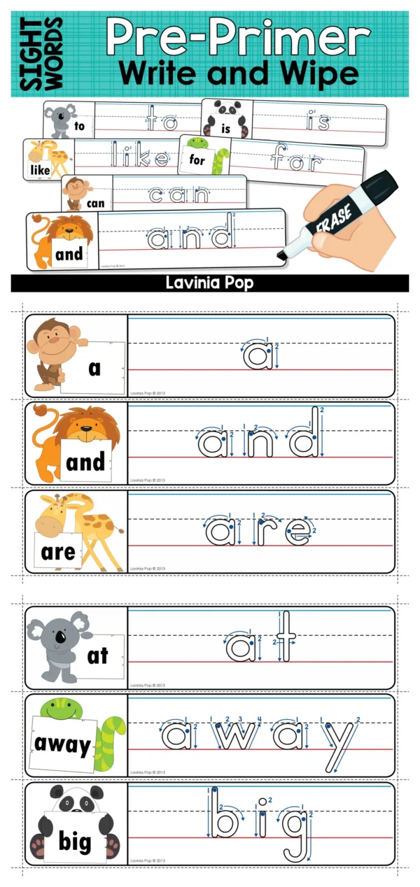 Pre-primer sight word write and wipe tracing cards for preschool and kindergarten with animal illustrations, handwriting formation arrows, and 40 reusable literacy center mats