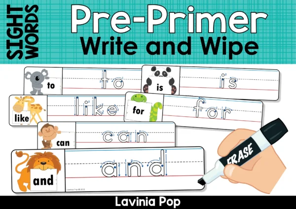 Cover image for pre-primer sight word write and wipe cards with tracing mats showing the words to, like, can, and