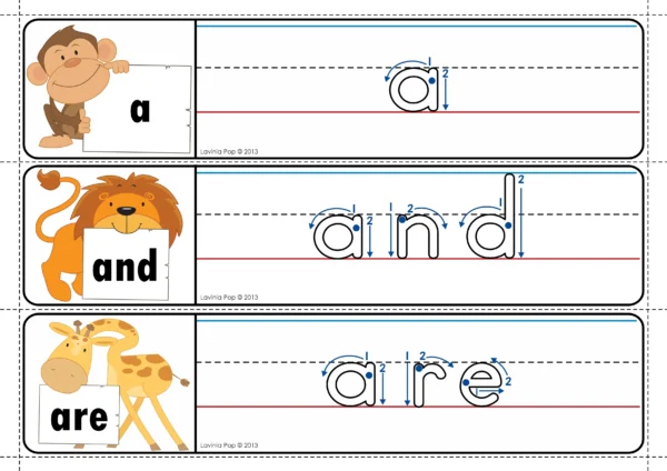 Pre-primer sight word tracing cards featuring the words a, and, are with monkey, lion, and giraffe illustrations