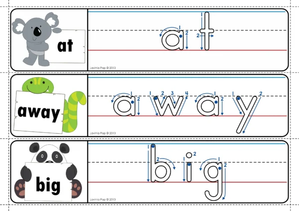 Write and wipe sight word mats for at, away, and big with koala, snake, and panda illustrations