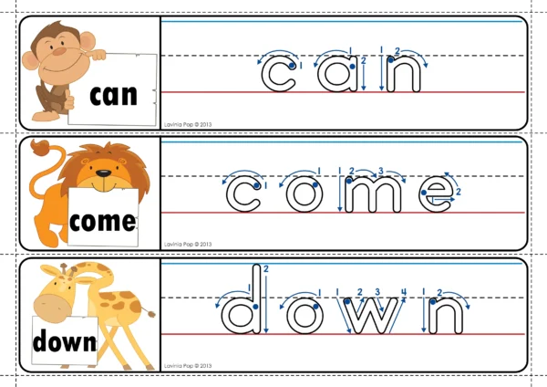 Sight word tracing cards for can, come, and down with animal illustrations and handwriting formation arrows