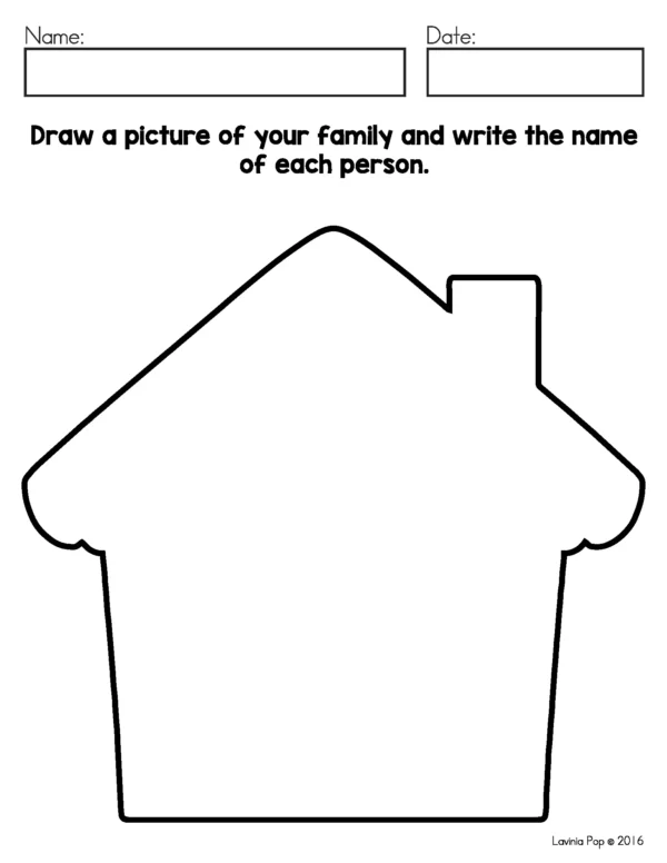 September Writing Journal Prompts worksheet for drawing a family and labeling each person’s name inside a house outline