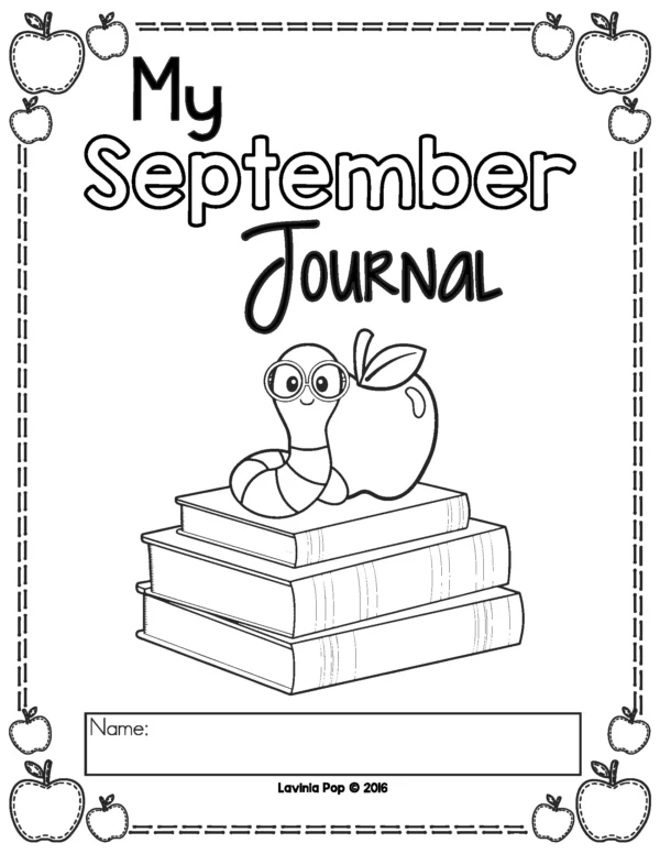 My September Journal cover page with worm on apple and stack of books for September Writing Journal Prompts