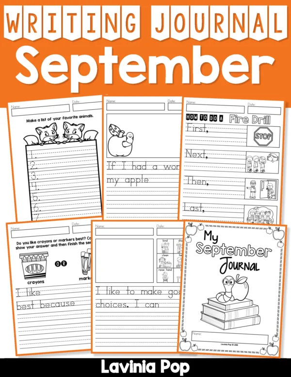 September Writing Journal Prompts resource preview with list making, narrative prompts, how to writing, and back to school themes