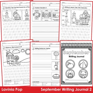 Collage of September Writing Prompts worksheets including apples, fairy tale characters, problem narrative, inference, and September cover page.
