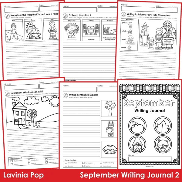 Collage of September Writing Prompts worksheets including apples, fairy tale characters, problem narrative, inference, and September cover page.