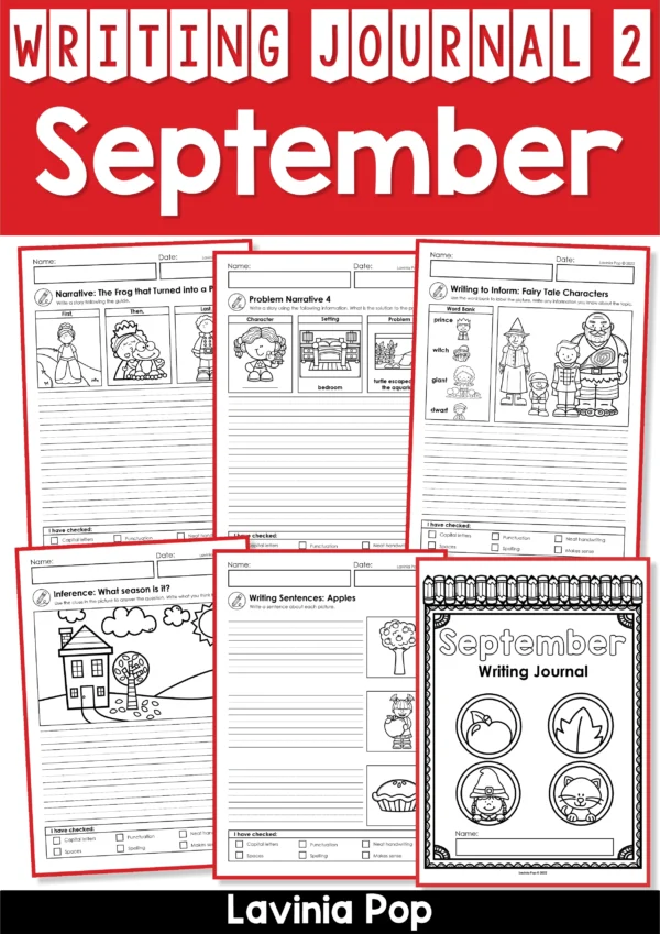 September Writing Journal cover with apple, leaf, fairy tale character, and cat icons alongside sample writing prompts worksheets for 1st grade.