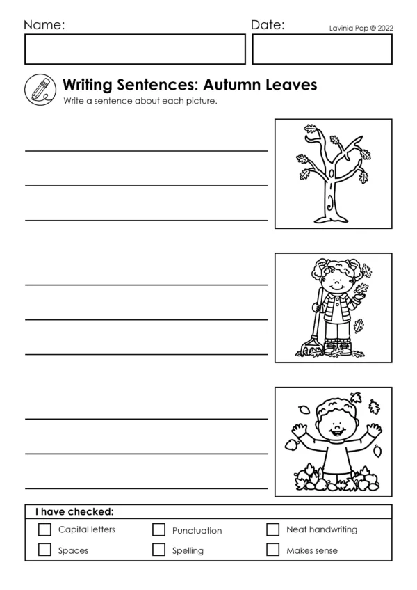 Writing Sentences worksheet with autumn leaves theme showing tree, child raking leaves, and child playing in leaves with space for sentences.