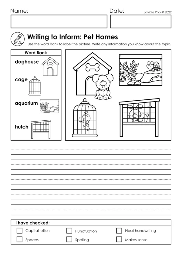 Writing to Inform worksheet showing pet homes with word bank doghouse, cage, aquarium, hutch and space for labeling and writing sentences.