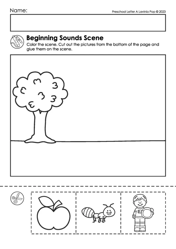 Printable beginning sounds letter A worksheet for preschool phonics with cut and paste pictures and alphabet practice scene activity.