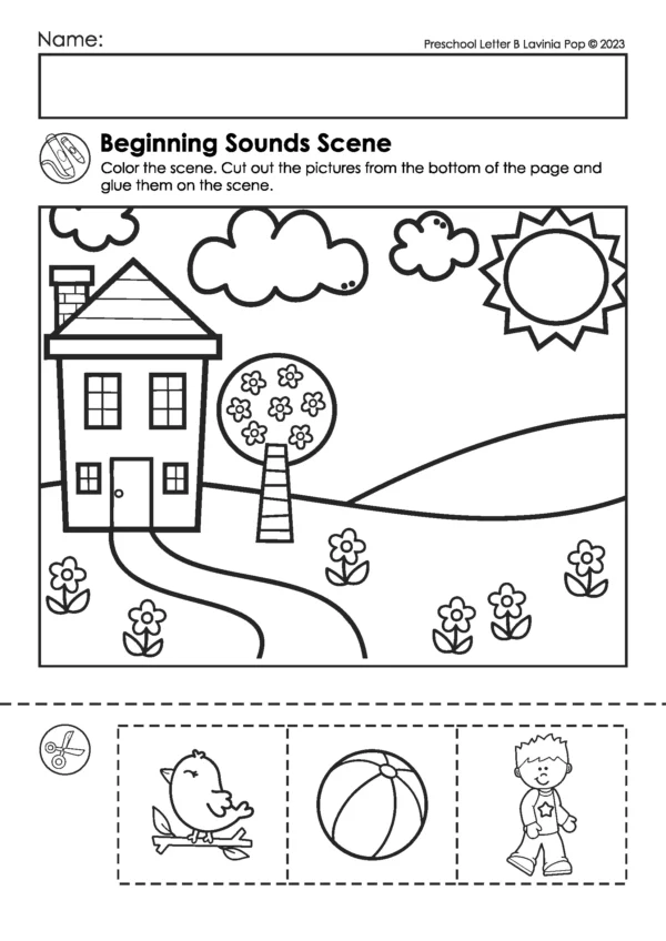 Beginning sounds letter B cut and paste worksheet for phonics practice, alphabet activities, and hands-on preschool literacy centers.