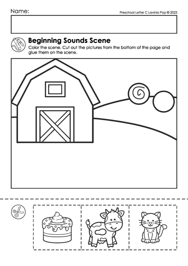 Beginning sounds letter C cut and paste worksheet for preschool and kindergarten phonics practice with interactive alphabet scene activity.