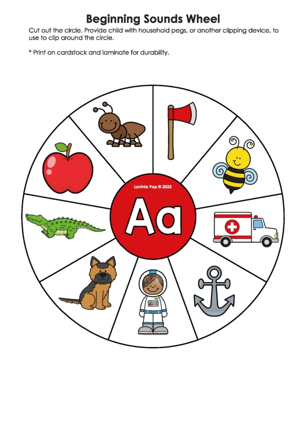 Printable Beginning Sounds Wheels for early learners featuring letter Aa wheel with ant, apple, astronaut, and alligator clip cards to build phonemic awareness.