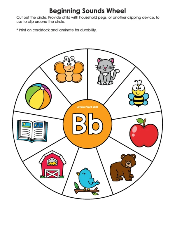 Beginning Sounds Wheel for letter B featuring bee, bear, ball, book, and barn images for preschool phonics and alphabet letter-sound recognition.