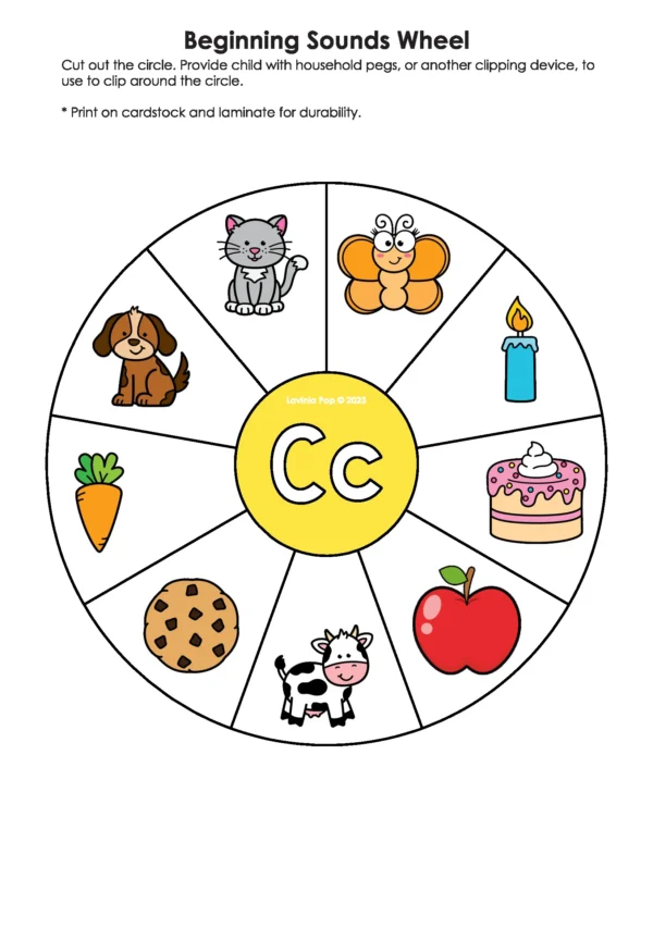 rintable letter C Beginning Sounds Wheel with cat, cookie, cow, cake, and carrot images for phonemic awareness and fine motor literacy centers.