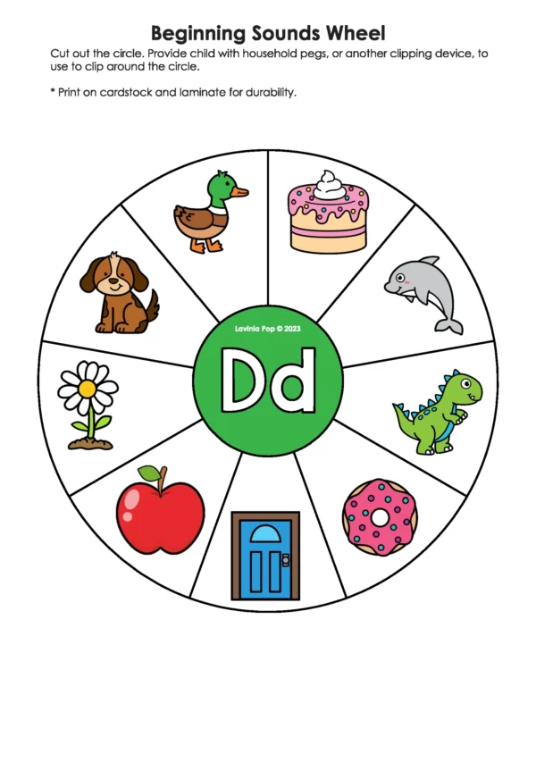 Beginning Sounds Wheel for letter D with duck, dog, dolphin, door, and donut images for preschool and kindergarten letter-sound matching.