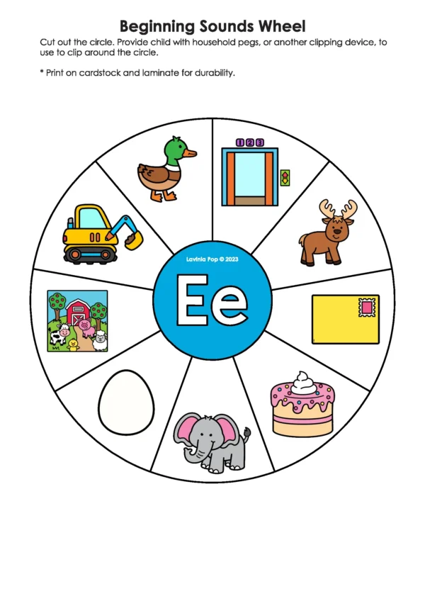 Printable letter E Beginning Sounds Wheel featuring elephant, egg, elevator, excavator, and envelope for hands-on phonics practice and sound recognition.