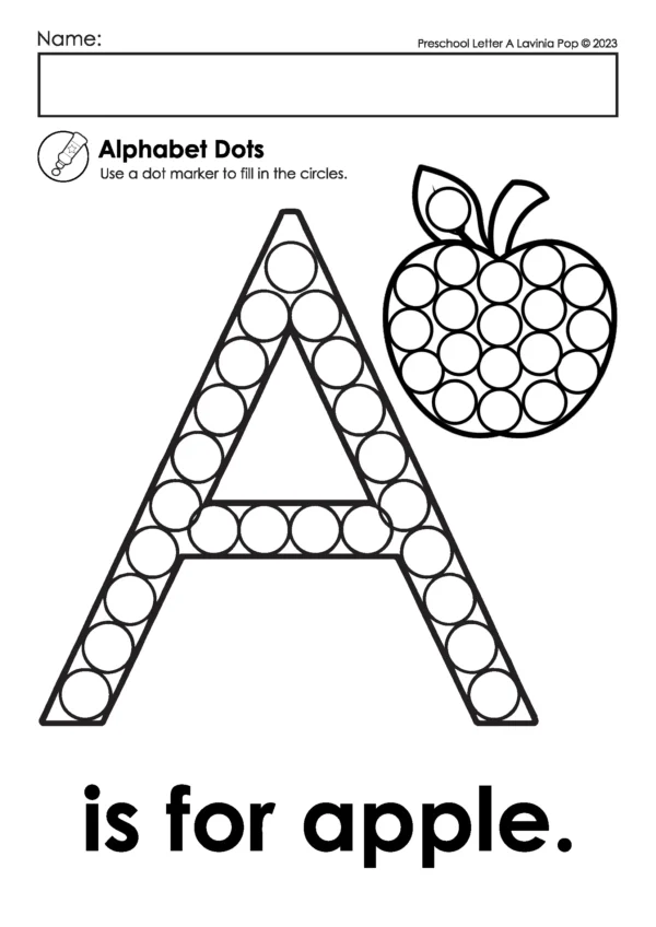 Uppercase letter A dot marker worksheet, alphabet printable with apple image, alphabet recognition and phonics activity for preschool and kindergarten.