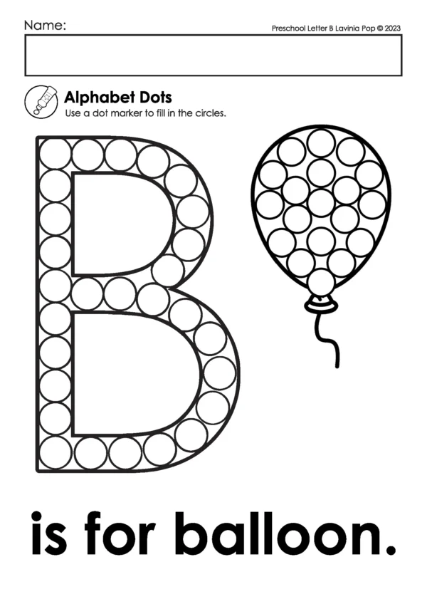 Uppercase letter B dot marker worksheet with balloon image, hands-on alphabet recognition printable for preschool and kindergarten fine motor skills.