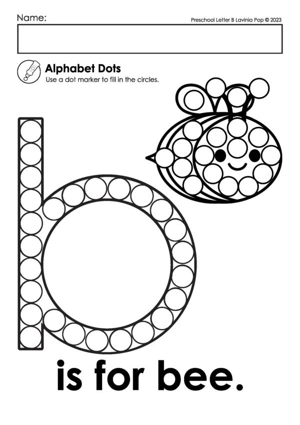 Lowercase letter b dot marker page with cute bee illustration, alphabet phonics and fine motor practice printable for preschool learners.