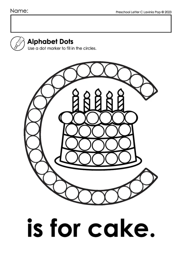Uppercase letter C dot marker worksheet featuring cake image, alphabet recognition activity for preschool and kindergarten literacy centers.