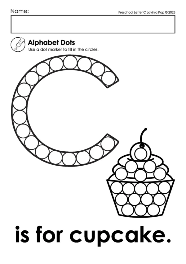 Lowercase letter c dot marker worksheet with cupcake illustration, alphabet learning and phonics printable for early childhood fine motor development.